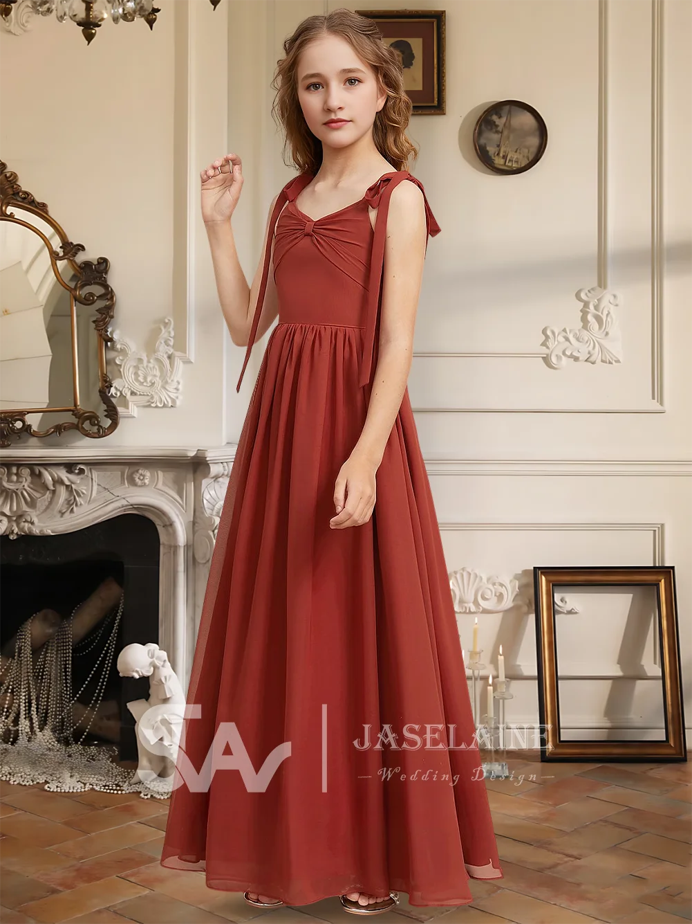 เด็ก A Line V คอชั้นยาวชีฟองชุดเพื่อนเจ้าสาวยูเนี่ยนชุดสาวดอกไม้ชุดสาวงานแต่งงานอย่างเป็นทางการโอกาสพิเศษ