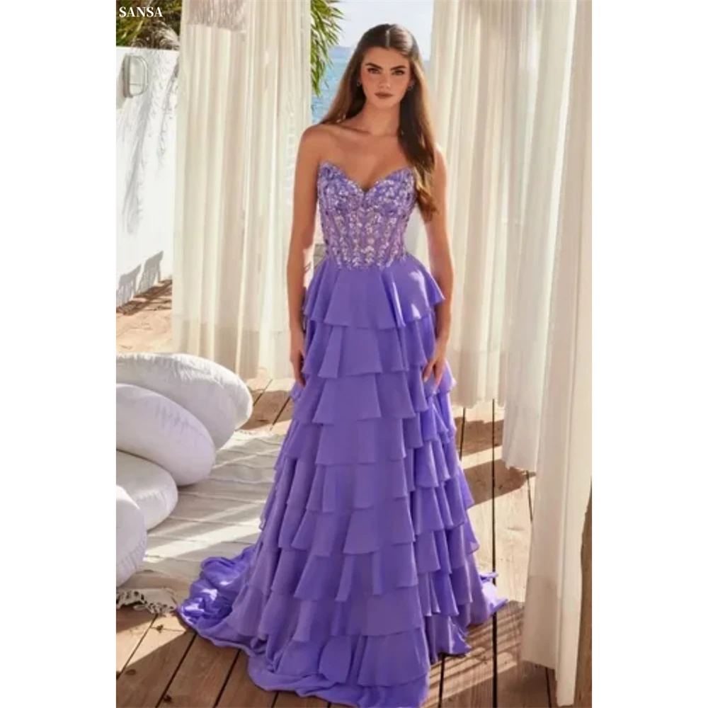 Sansa Maßgeschneiderte A-Linie, abgestuftes Rüschen-Korsett-Abschlussballkleid, ärmellos, Illusion, Vestidos De Noche, bodenlang, formeller Abend 2025