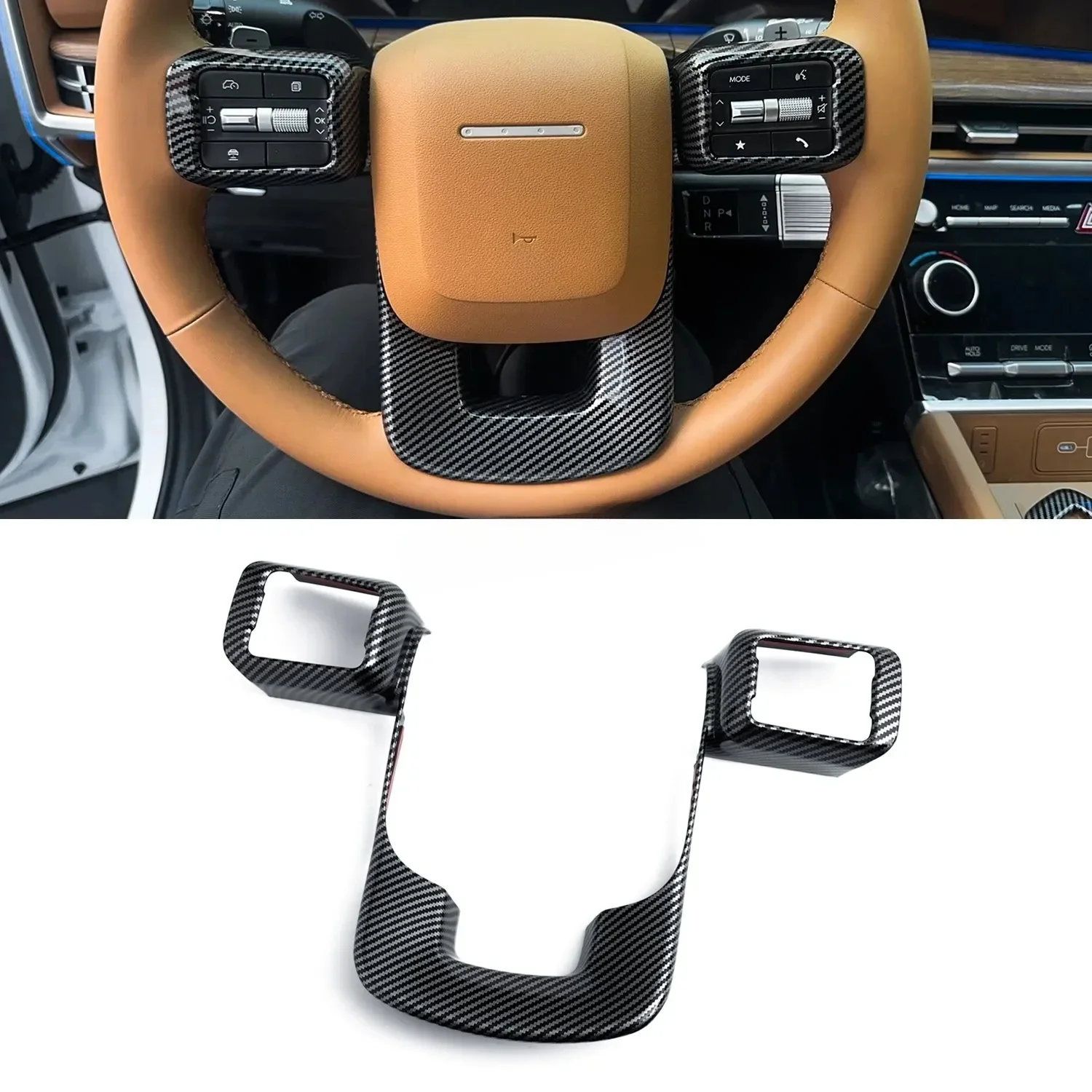 Carbon Fiber Car Interior Steering Wheel Trim Cover Mouldings Decoration For 2024 2025 Hyundai Santa Fe Accessories