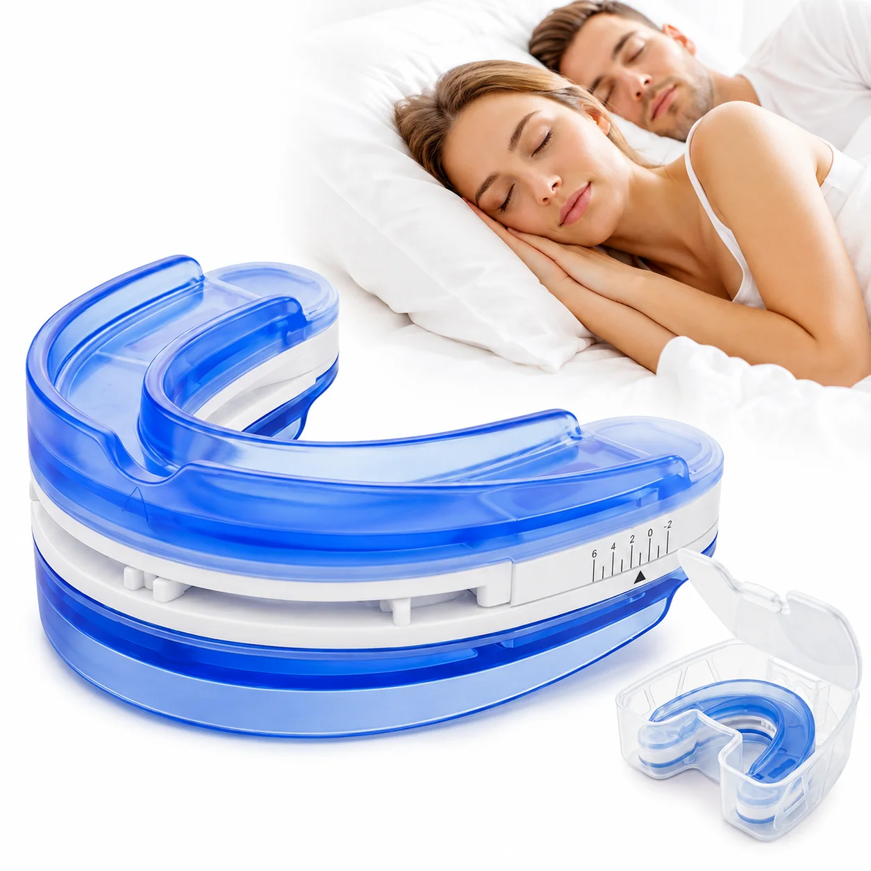 Adjustable Anti Snoring Mouthpiece for Adults, Boil and Bite Custom Fit Sleep Aid, 1mm-6mm Jaw Advancement Oral Device, Open Airflow Design, Reusable Night Guard with Portable Storage Case for Home Travel