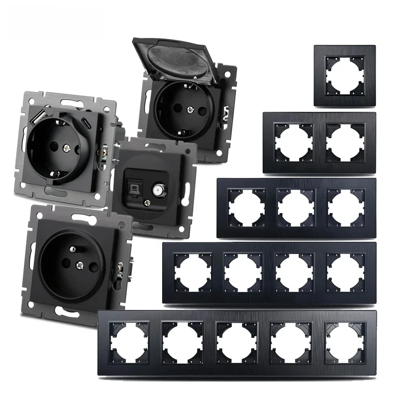 Prise murale EU FR avec port de charge rapide USB Type C, finition brossée noire, 1 à 5 prises