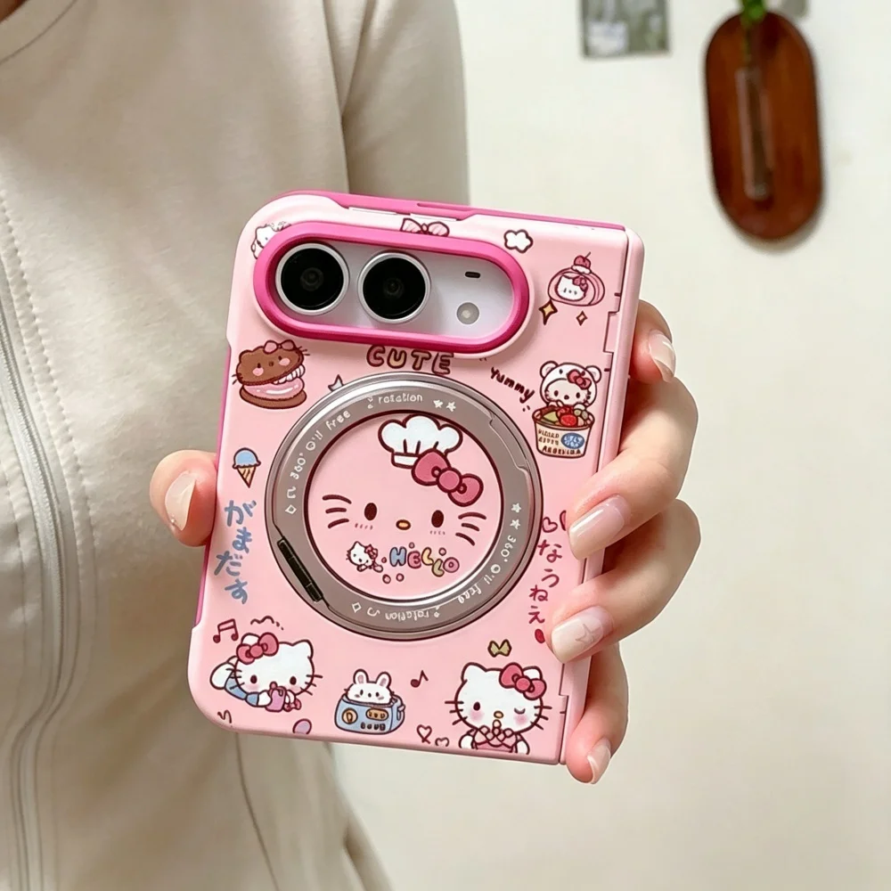 Fashion Ins Cute Cat Pink Phone Case for iPhone Duo Protective Cover with Magsafe Stand New Kawaii Cartoon Anti-fall Phone Cases