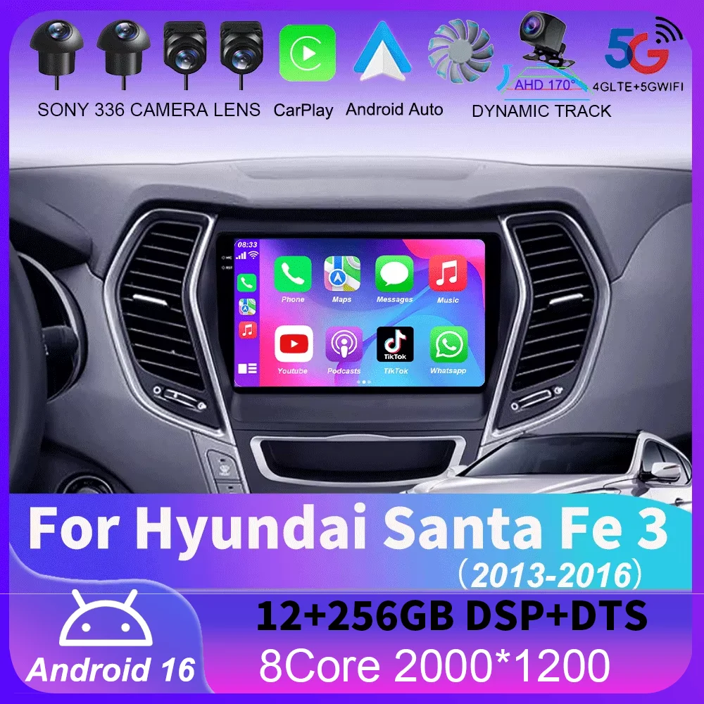 

For Hyundai Santa Fe 3 2013 - 2016 Carplay Auto 4G+WIFI GPS Car Radio Navigation Multimedia Video Player Stereo BT Android 16