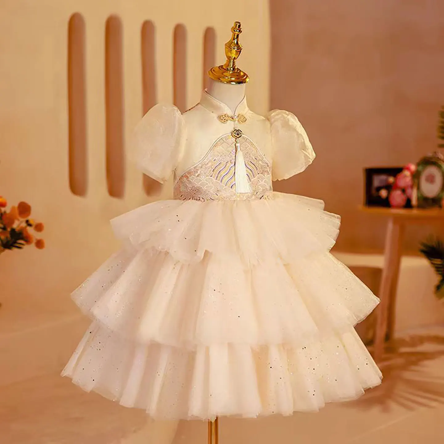 Dreamy D003 Vow Elegante stile cinese con nappe a strati in tulle a fiori con maniche a sbuffo per bambini, matrimonio, compleanno, festa, abito da ballo