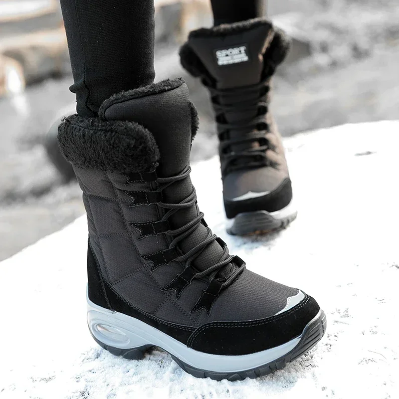 Hiver femmes bottes plate-forme chaussures garder au chaud cuissardes hautes bottes de neige en plein air dames sans lacet confortable imperméable fourrure Femme bottes