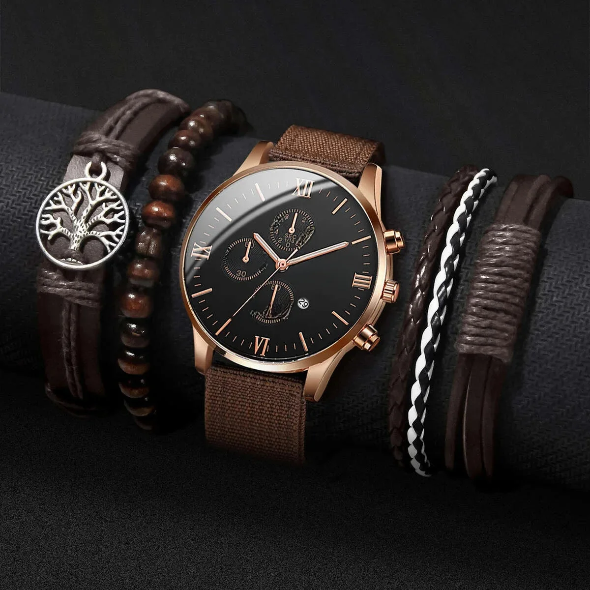 4/5 sztuk modne męskie zegarki Casual nylonowy skórzany pasek męski zegarek kwarcowy zestaw bransoletek Reloj Hombre (bez pudełka) — zdjęcie 2