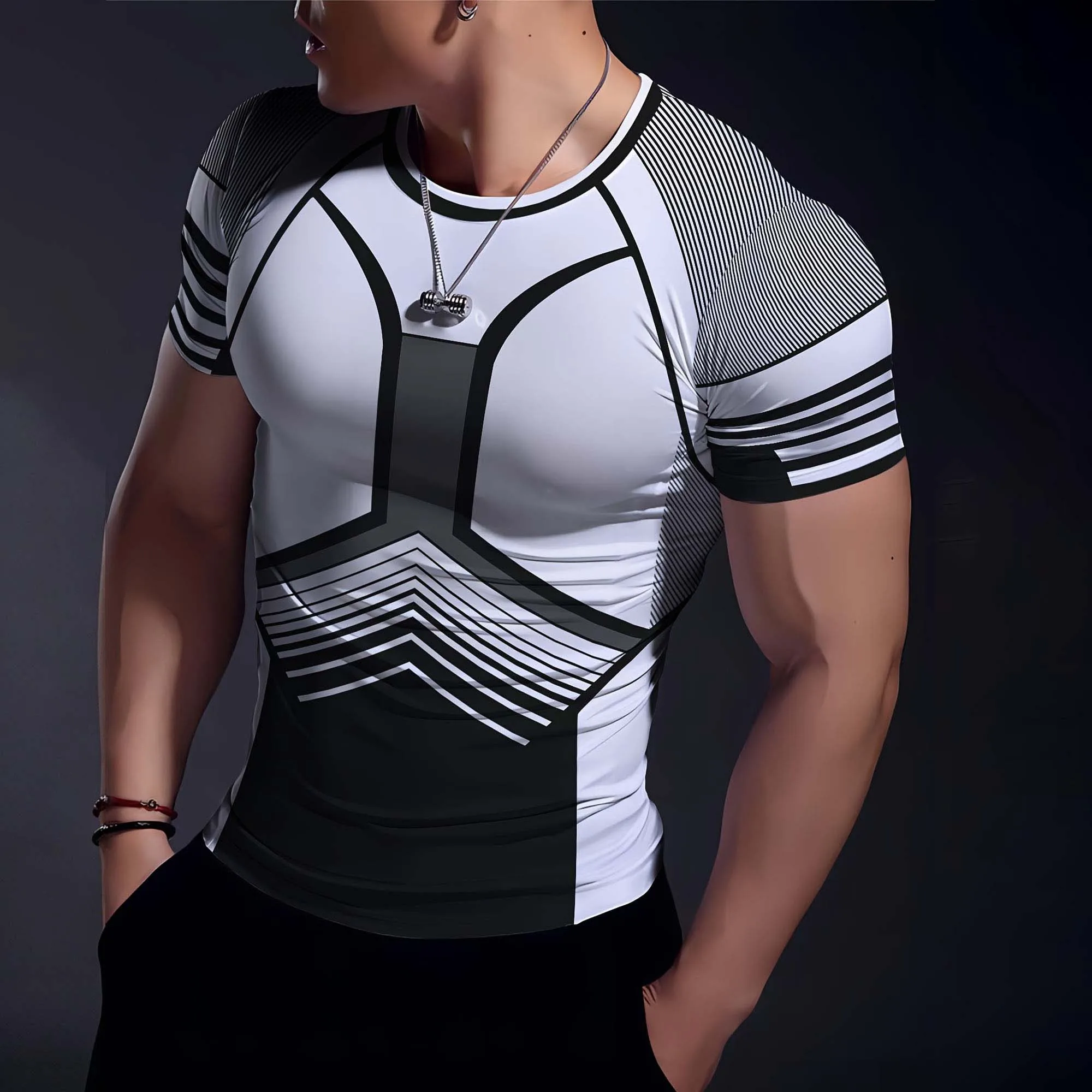 Herren 3D-Druck Geometrisches Streifenmuster Kompressions-T-Shirt Schnelltrocknend Kurzarm Fitness Lauf- und Trainings-Oberteil – Detail 3