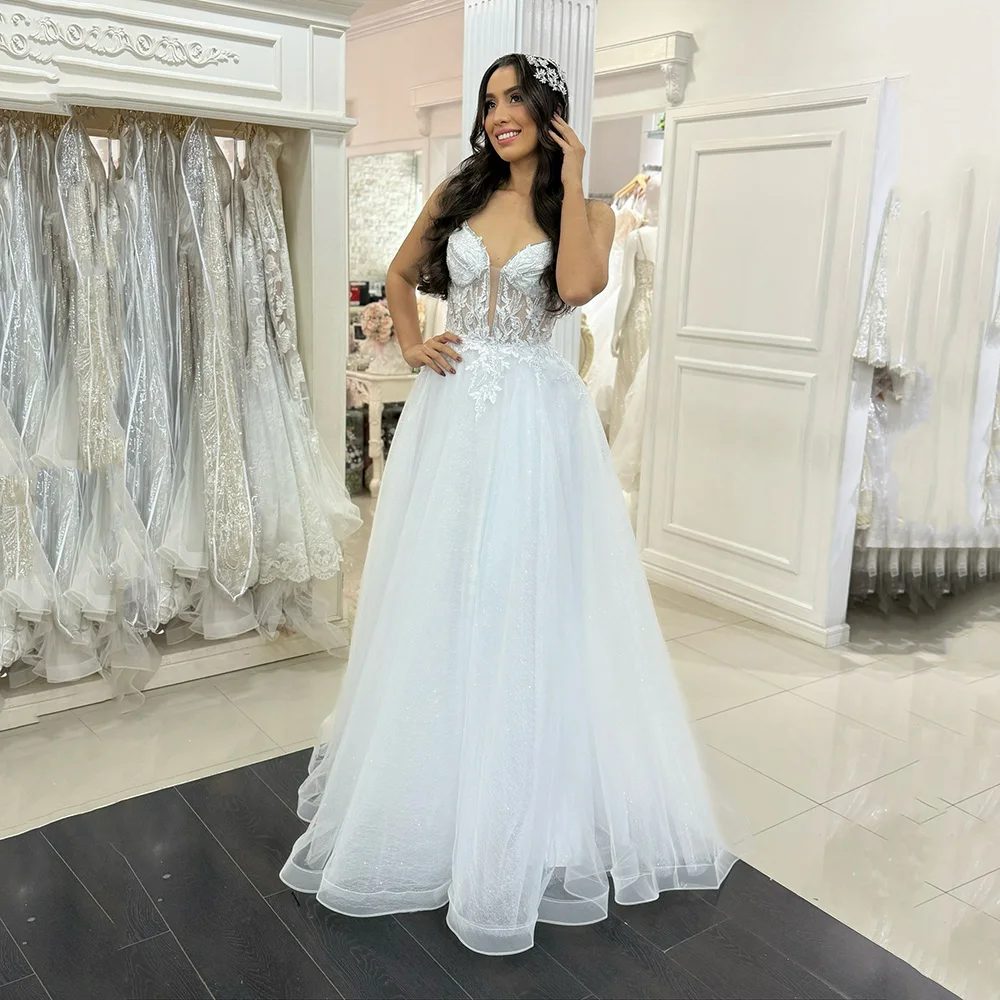 

Customized Customized Boho Wedding Dresses 2026 Sexy Lace Appliques V Neck A-Line High Slit Bridal Dresses Tulle Wedding Gown
