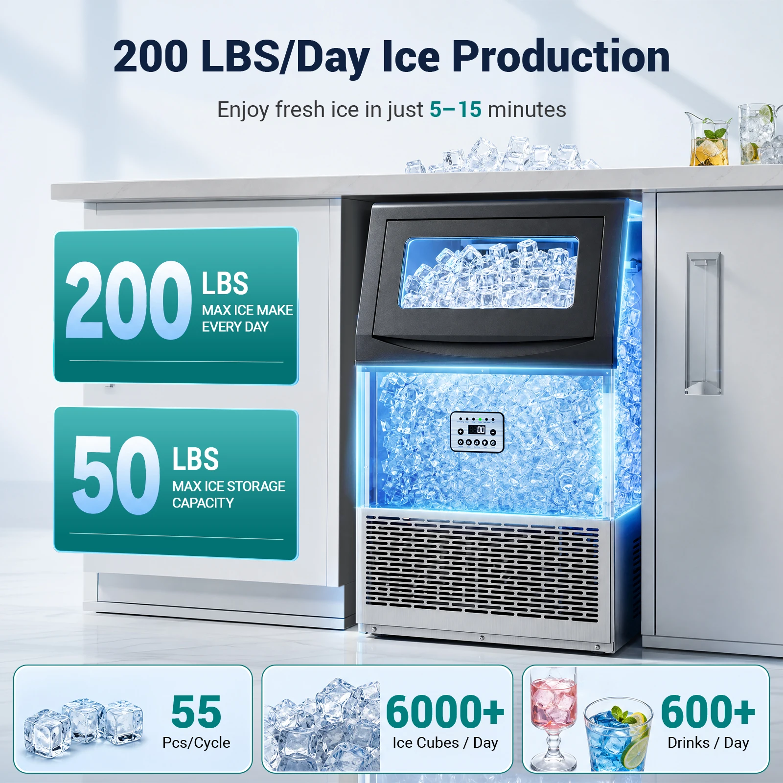 Commercial Ice Maker Machine 200Lbs/24H, 50Lbs Storage Bin, Freestanding & Under Counter Ice Maker | 55 Ice Cubes in 5-15 min | Thicknesses Adjustable | Commercial Ice Machine, Stainless Steel image 2