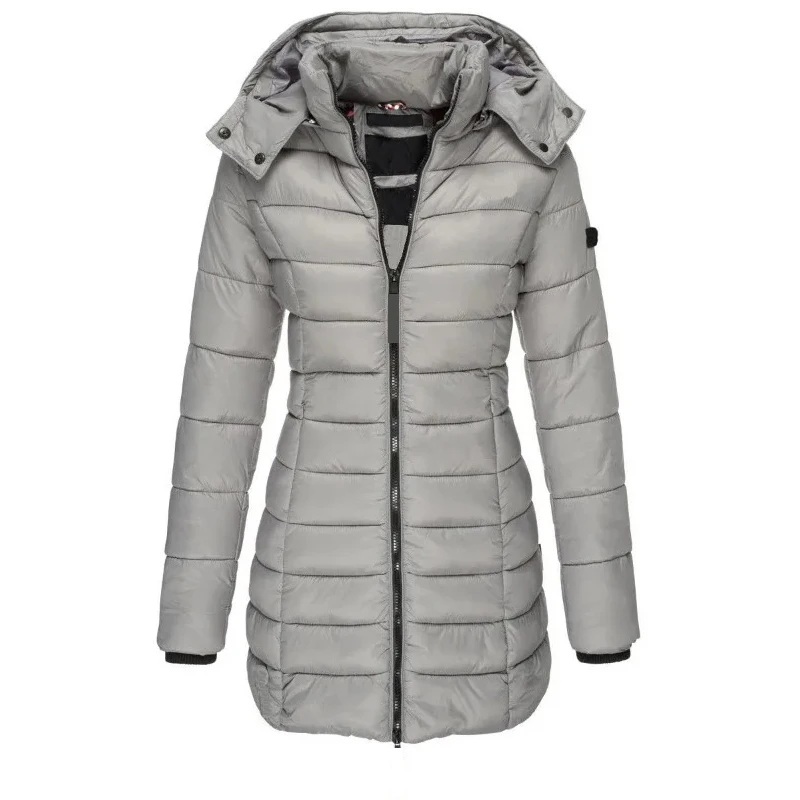 2024 Winter Women Zipper Thick Warm Parkas Solid Color Casual Hooded Long Sleeved Jacket Female Mid-length Slim-fitting Coat Top