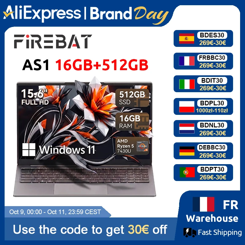 Firebat Laptop AS1 AMD R5 7430U 16GB DDR4 512GB SSD 15.6 Pollici Notebook Windows 11 Type-C WIFI6 Tastiera Retroilluminata a Grandezza Naturale