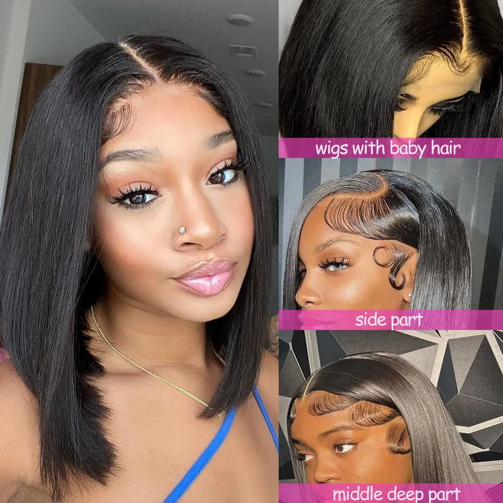 Human Hair Bob Wigs 13X4 Lace Front Wig Short Bone Straight lace Frontal Bob Wig Transparent Lace Wig Black For Women 180% Hair