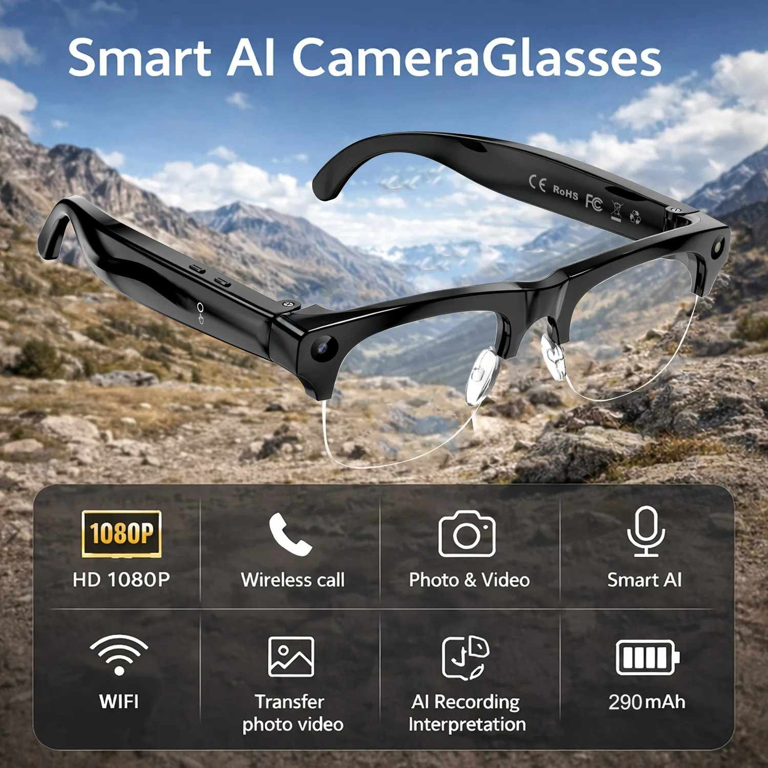 AI Smart Glasses with 800W Camera for Real-Time Translation,AI Voice Assistant,Wireless Calling/Simultaneous Interpretation