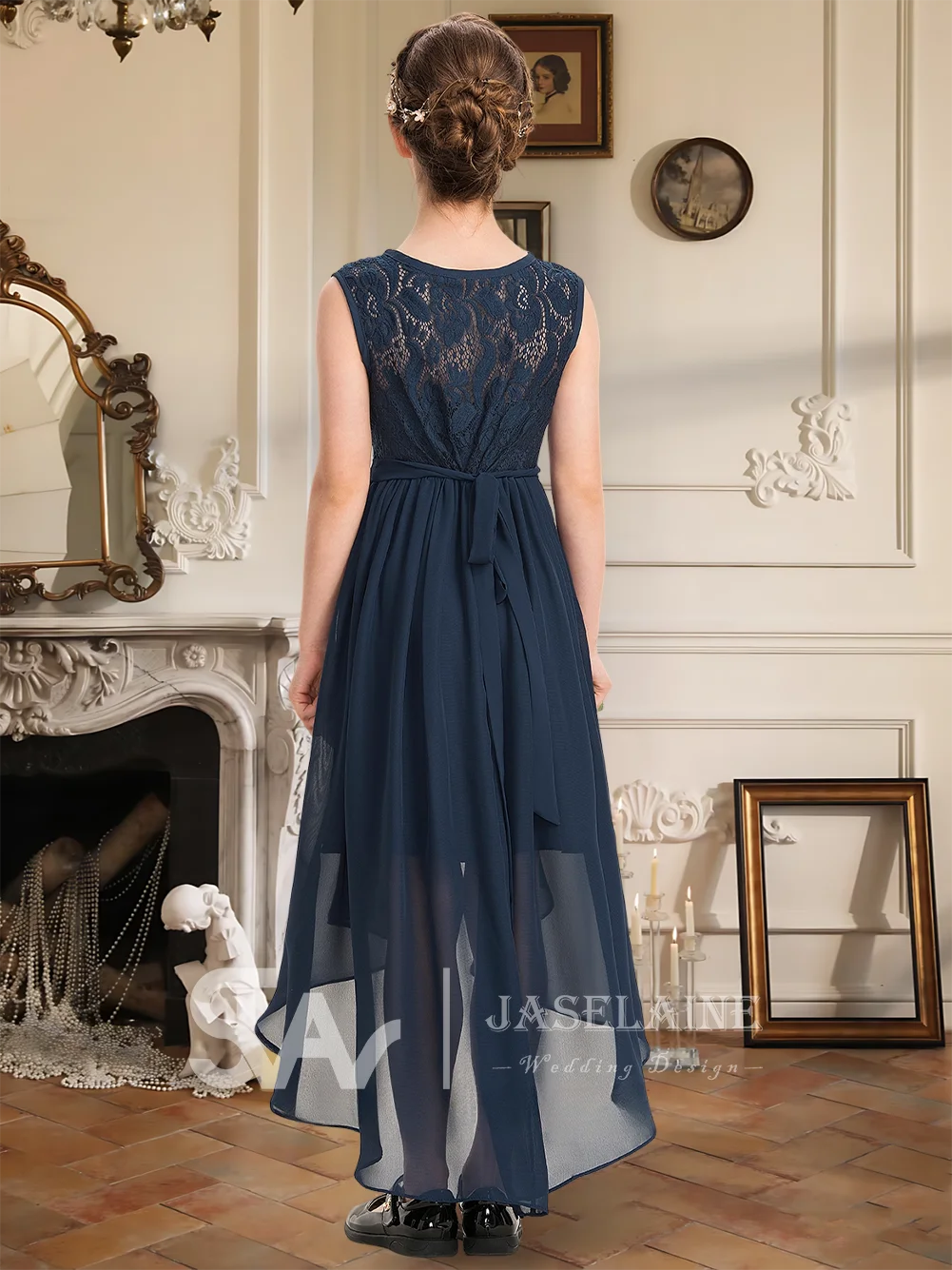 A Line Scoop Asymmetrical Lace Chiffon Junior Bridesmaid Dress With Bow Cascading Ruffles Flower Girl Dress Wedding Party Formal