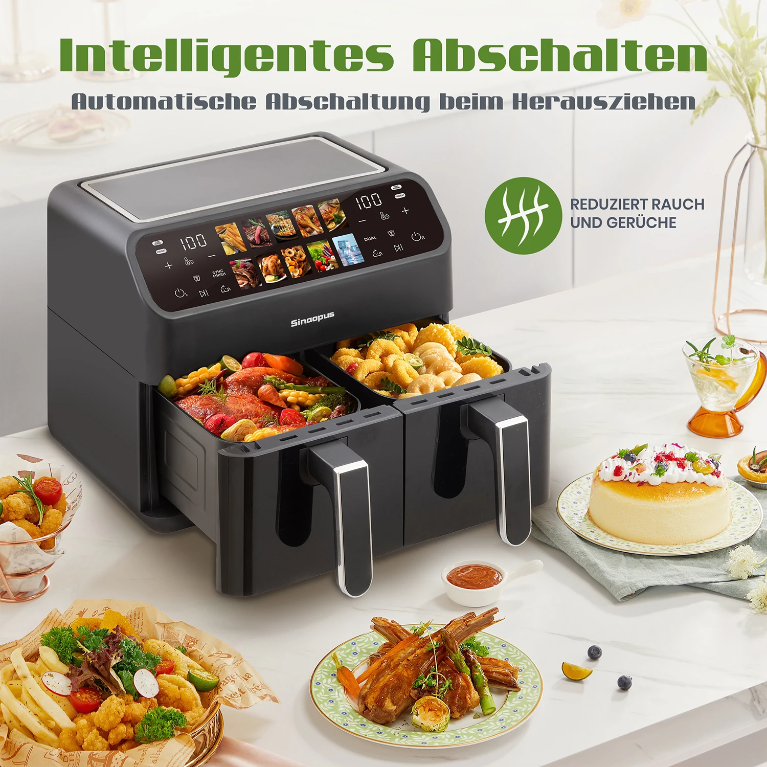 Freidora de Aire de 9L con Doble Cesta, Horno sin Aceite con Control Táctil LED, Ventana Visible, Multifunción 10 en 1, Freidora de Aire Inteligente Familiar