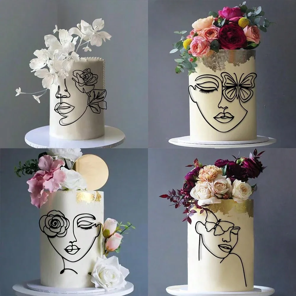 Décoration de gâteau d'anniversaire en acrylique, ligne papillon abstraite, personnage minimaliste, Art pour femmes, décorations de gâteau de fête d'anniversaire, 1 pièce