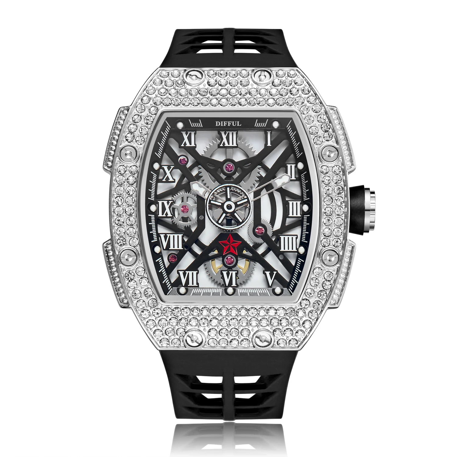 Hoge Kwaliteit Tonneau Vorm Waterdichte Ijskoude Full Diamond Hiphop Skelet Quartz Horloge Met Siliconen Band