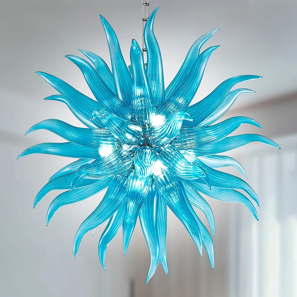 

Blue Sunflower Light Long Chain LED Pendant Light Blown Glass Chandeliers for Bedroom Living Room Dining Room