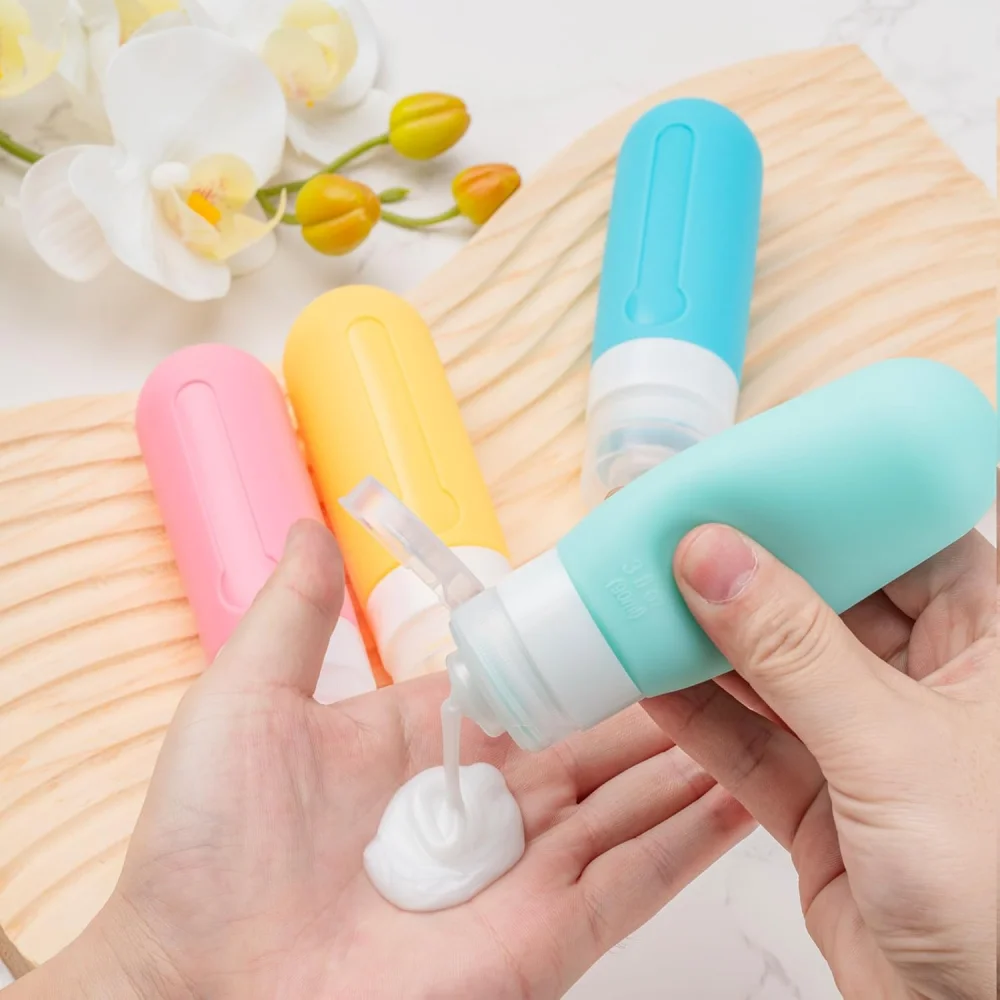 Lot de 16 bouteilles de voyage – récipient à presser en silicone anti-fuite, pour articles de toilette, après-shampooing, shampoing, lotion et lavage du corps ac