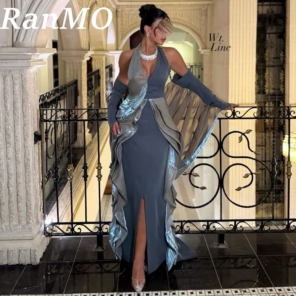 Ranmo Customized Blue Elegant Halter Off Shoulder Evening Dress Pleat 2025 Sexy Vestido Party for Wedding Women Dress Prom Gown