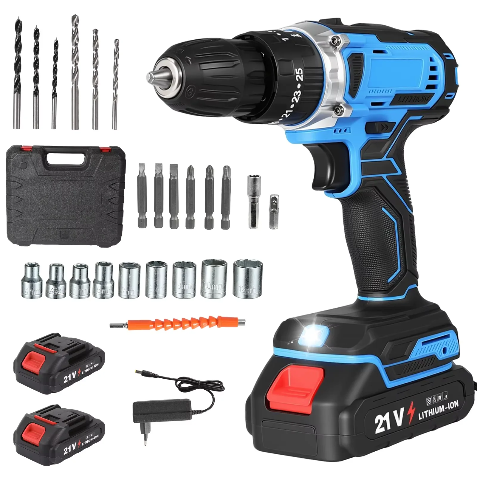 Image of 21V Akku-Schlagbohrmaschine Elektrischer Bohrhammer Wiederaufladbarer Bohrschrauber mit Variabler Geschwindigkeit Elektrischer Schraubendreher Lithium-Ionen-Akku Elektrowerkzeug für Holz Metall