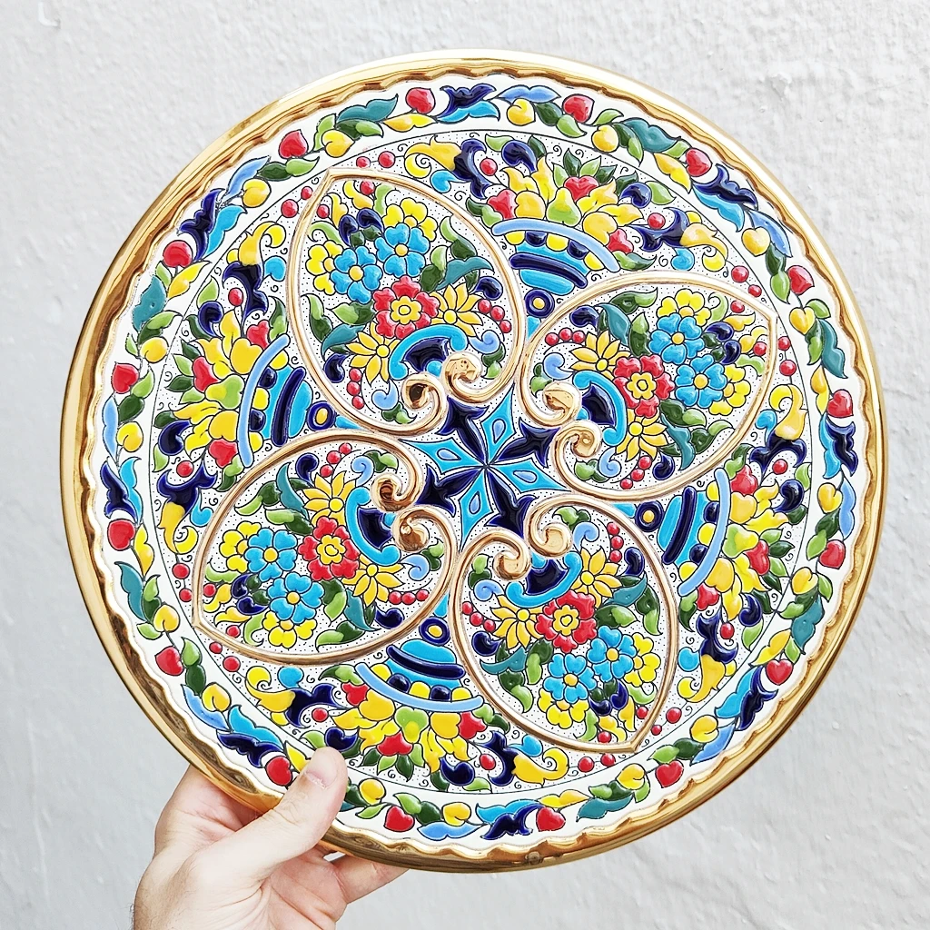 Ceramic Plate 29 cm/11,4 inch diameter-Spanish-handmade glazed ceramic-made in Spanish-gold 24 k-ARTECER