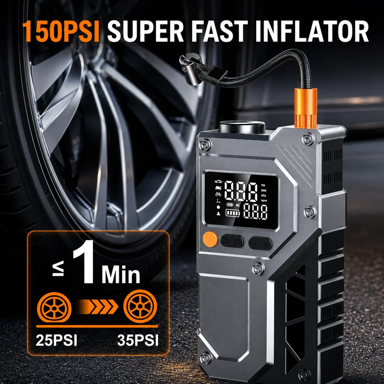 4IN1Car Jump Starter with 150PSI Tire Inflator, 6000mAh Battery Booster, Digital Air Compressor, LED Light for Cars SUVs Trucks
