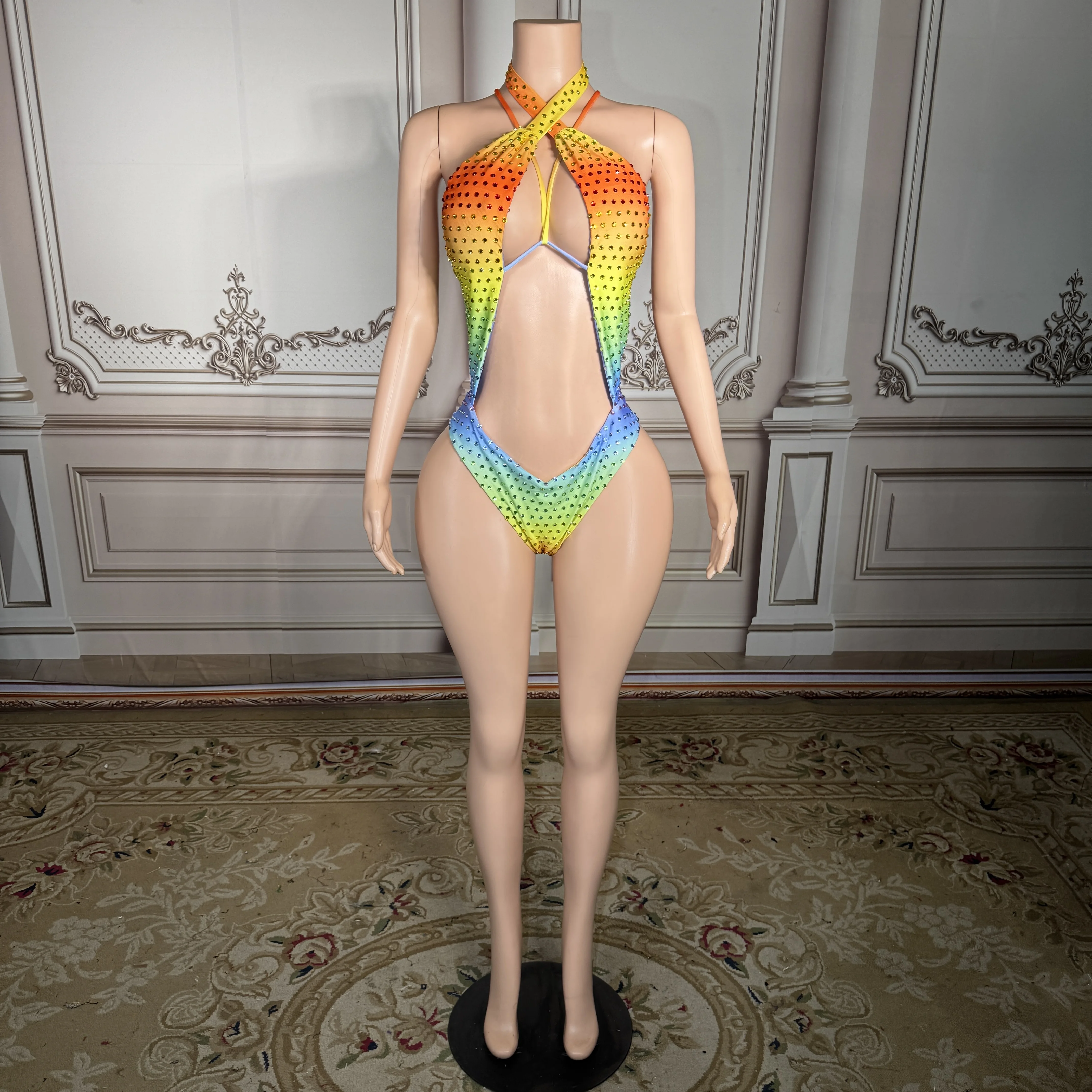 

ZD New Luxury Rainbow Ombre Swimsuit Women Sexy Halter Neck Cutout Bodysuit Sparkly Crystals Summer Vacation Bather