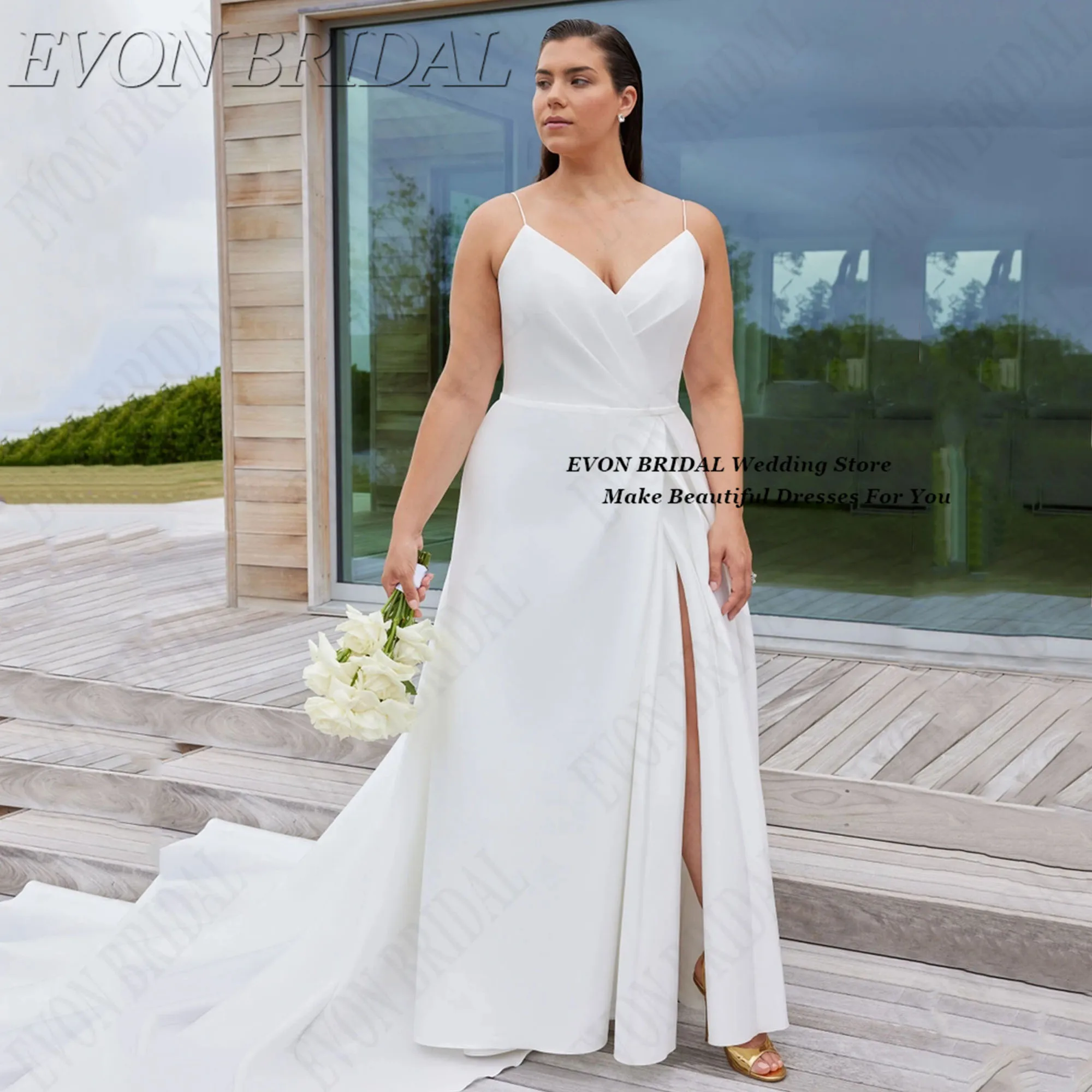EVON BRIDAL Wedding Dress With V Neck Spaghetti Straps Satin Plus Size Bride Dresses Customzied Simple Side Split Wedding Gowns