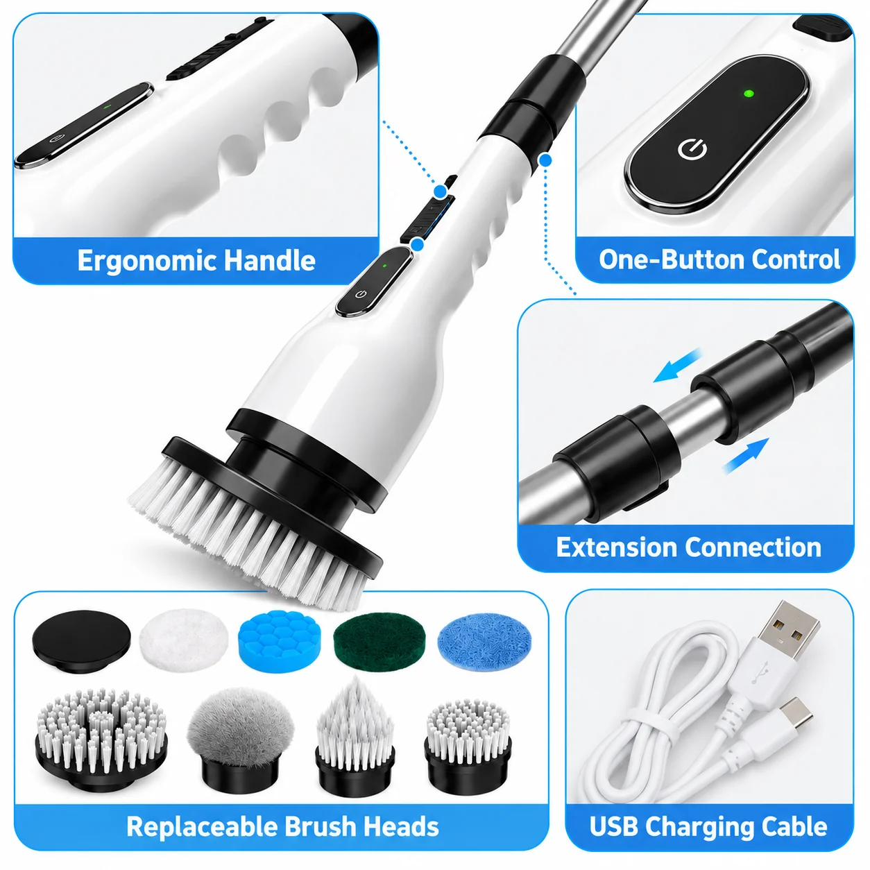 Cordless Electric Spin Scrubber with Adjustable Extension Pole and Multiple Brush Heads for Kitchen Bathroom Window Top Rated 2026