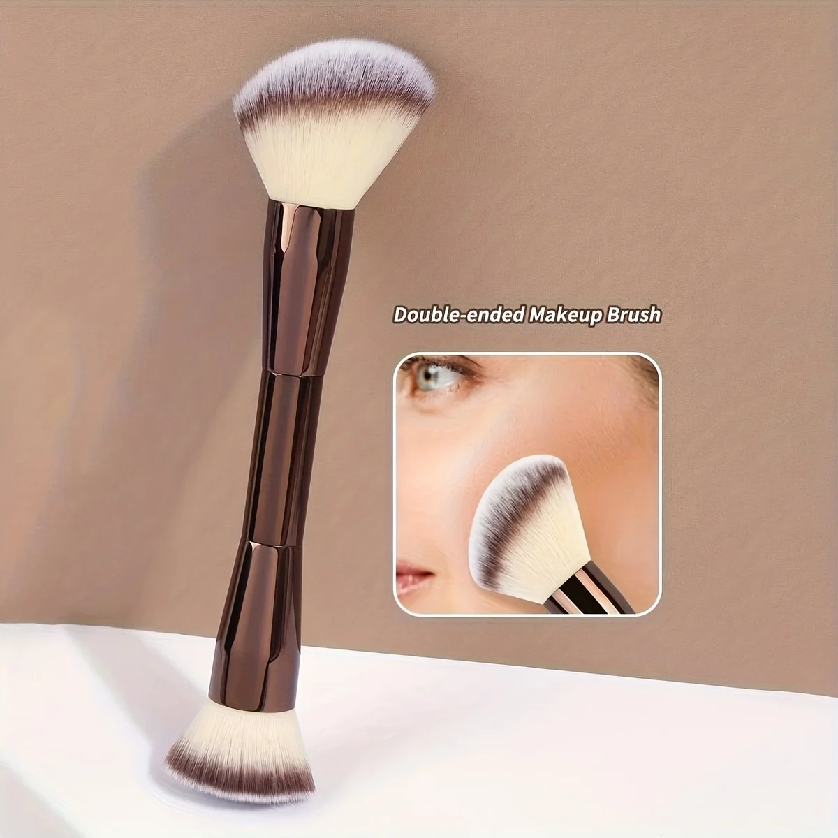 1Pc Double Ended Makeup Brush Aluminum Tube Handle Angled & Flat Top Soft Gradient Bristle Blush Powder Contour Highlighter Face