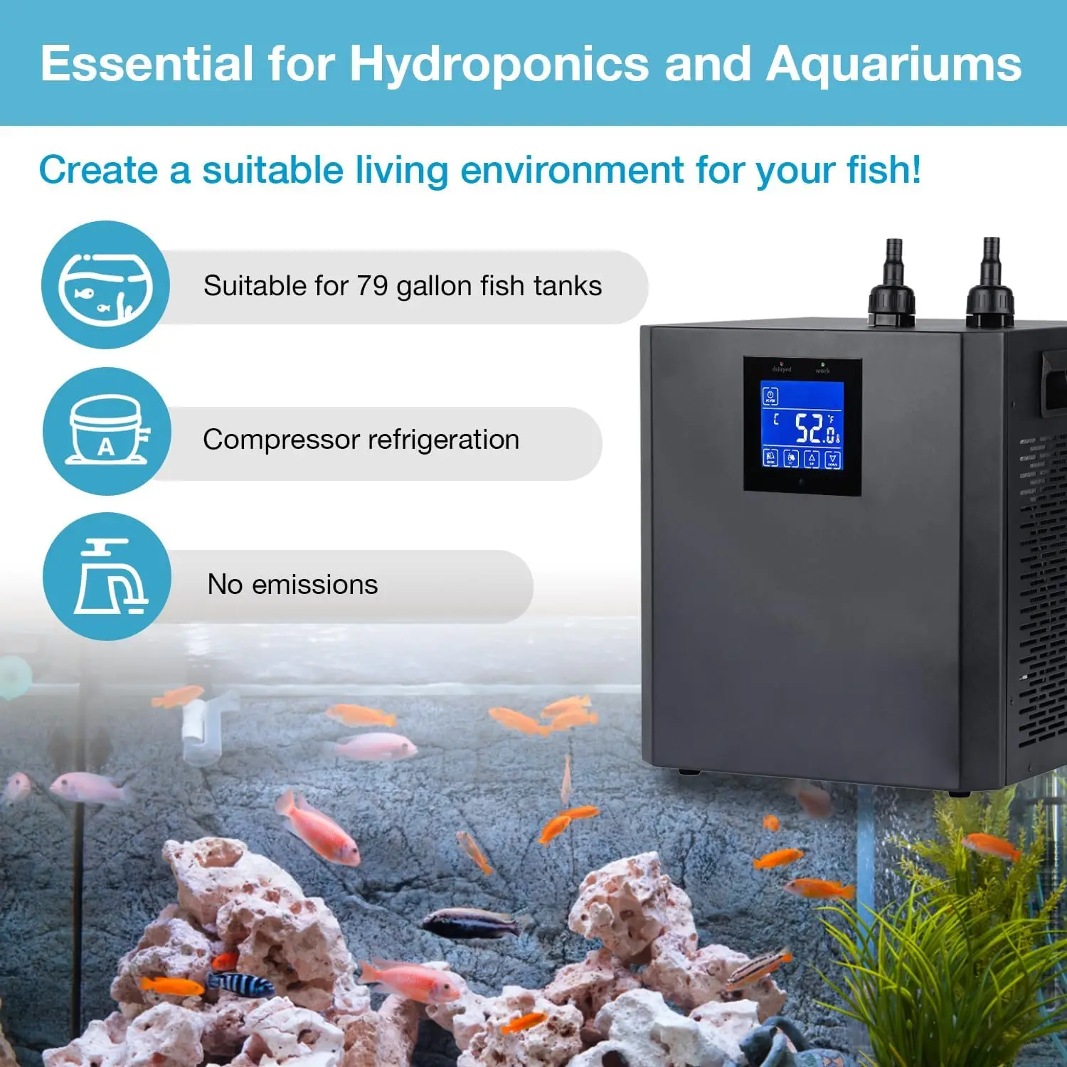 Aquarium Chiller 79Gal 1/3 HP Water Chiller for Hydroponics System Home Use Coral Shrimp Freshwater Saltwater Fish Water Weeds