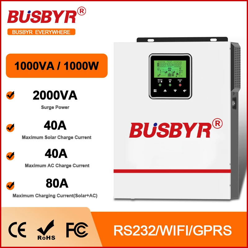 Busbyr 1KW 1.5KW 12V 24V 220V Off Grid 1000W Build in 40A MPPT Pure Sine Inverter Solar Charge Controller Hybrid Solar Inverter