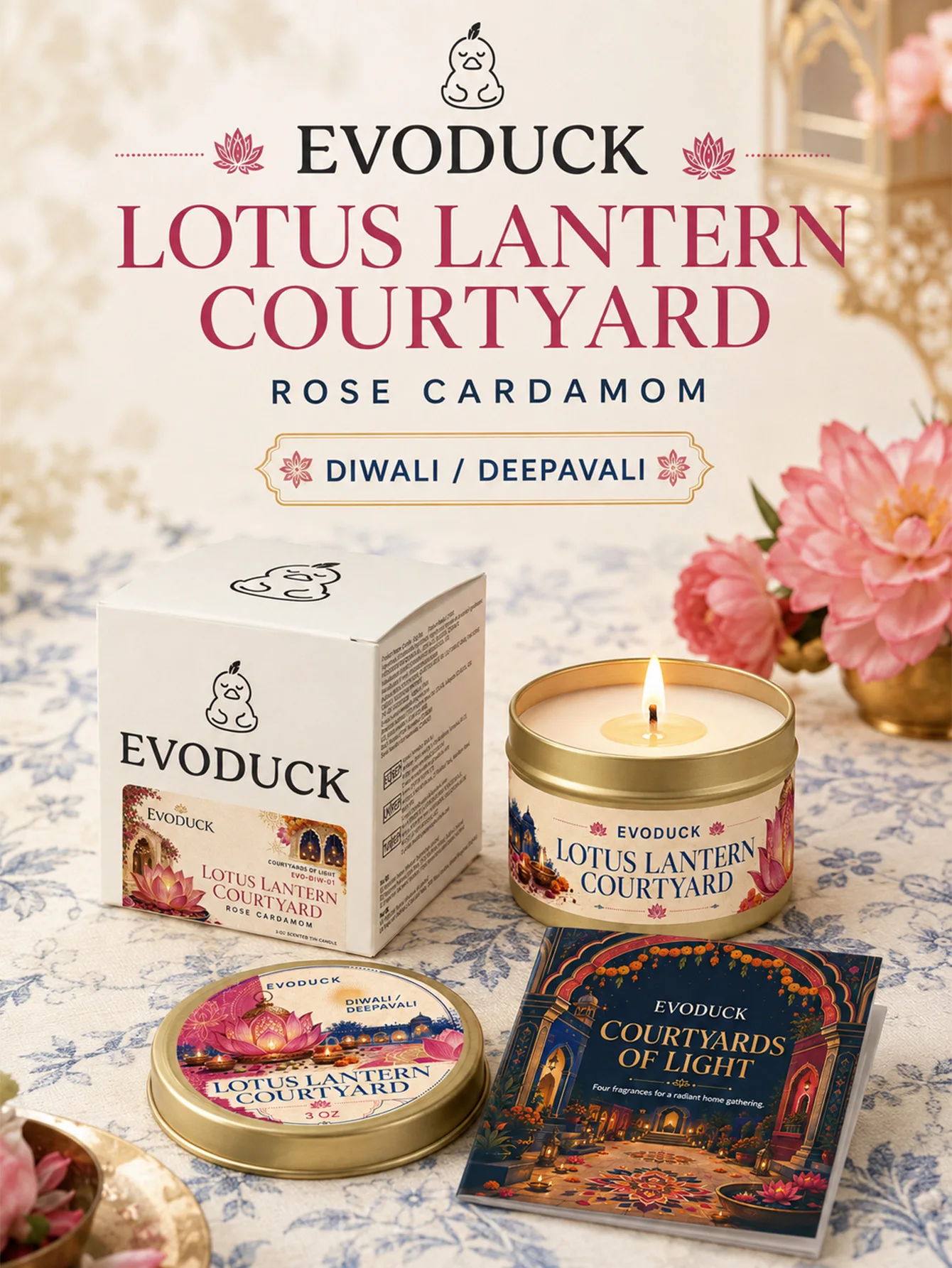1pc Diwali Candle Rose Cardamom Scented Tin Candle 3oz with Gift Box and Card, Lotus Deepavali Festival of Lights Gift for Women