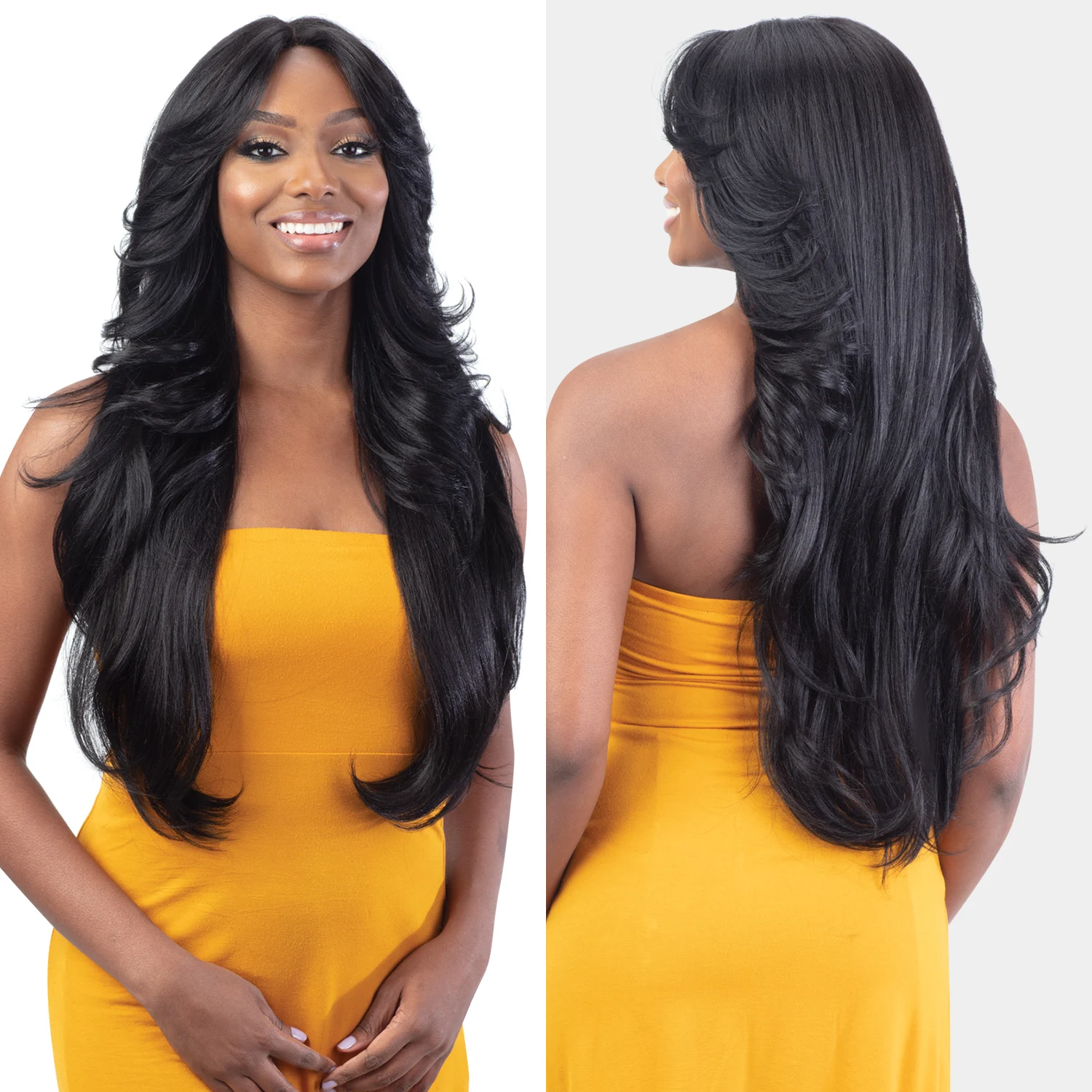 FreeTress Equal Curtain Bangs HD Lace Front Synthetic Wig Bombshell - Long Layered Blow Out Style, Glueless, Easy to wear