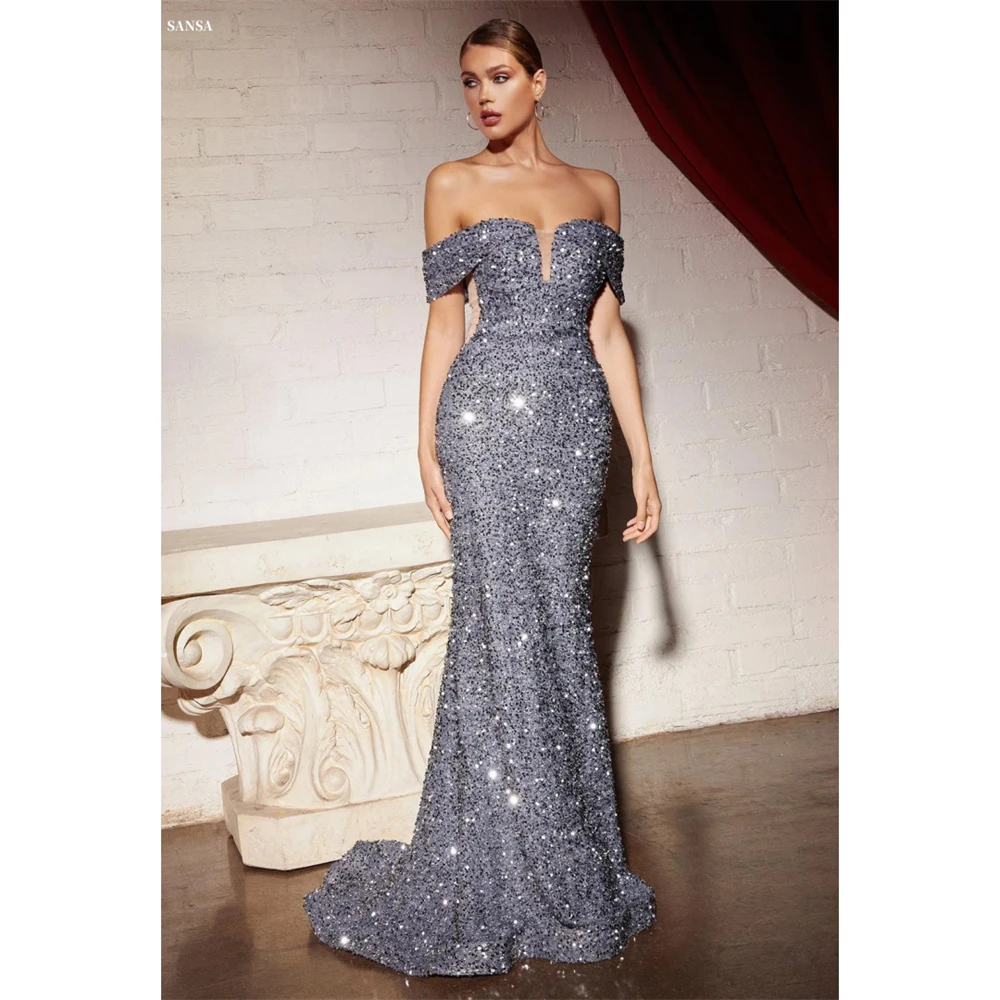 

Sansa Customized Grey Mermaid Off the Shoulder Glitter Prom Dress Elegant Cut-out Vestidos De Noche Floor-Length Formal Evening