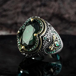 Elegant Stamped Solid 925 Sterling Silver Green Zirconia Men's Ring With Zircon Chic Handmade Jewelry Turkish Gift For Husband