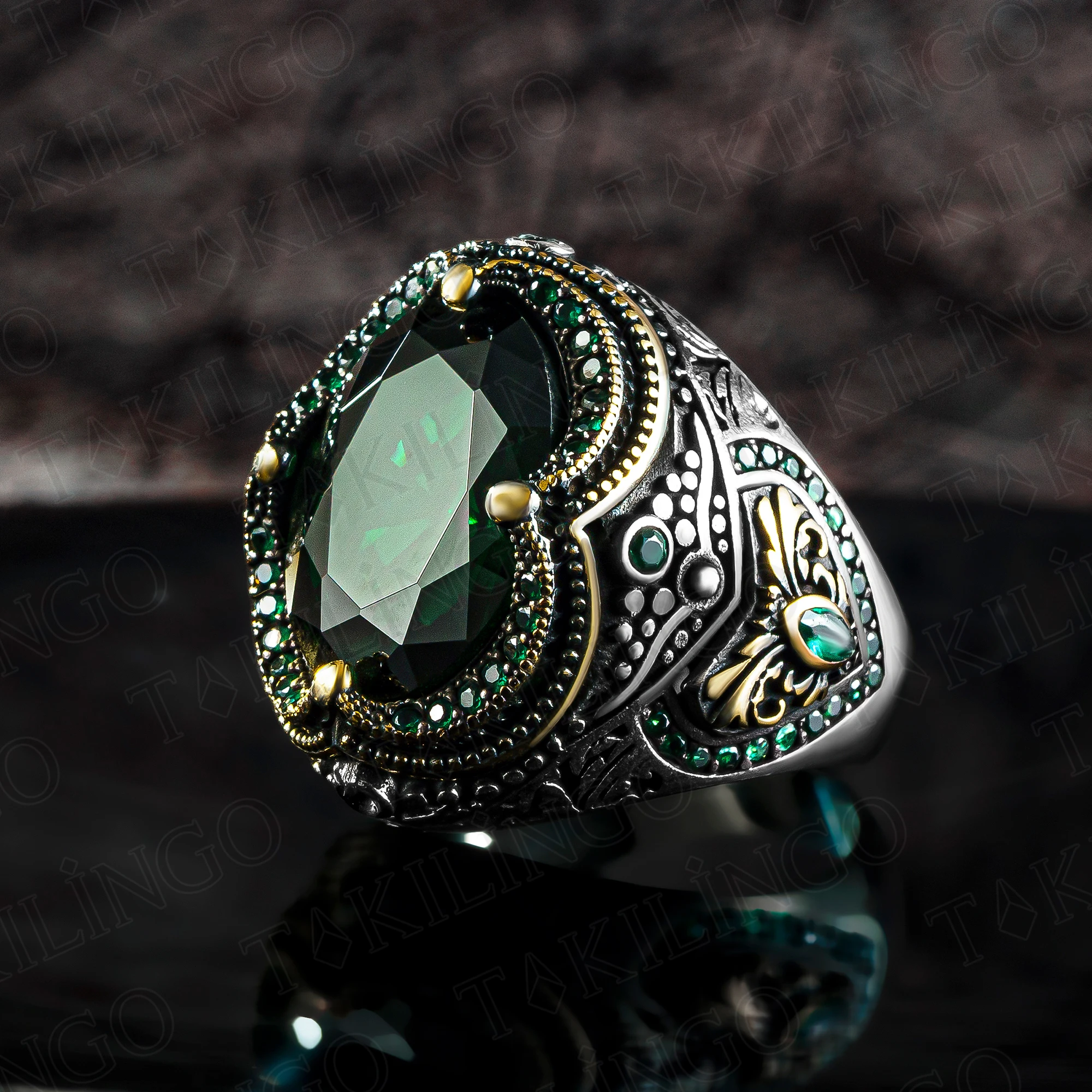 Elegant Stamped Solid 925 Sterling Silver Green Zirconia Men's Ring With Zircon Chic Handmade Jewelry Turkish Gift For Husband