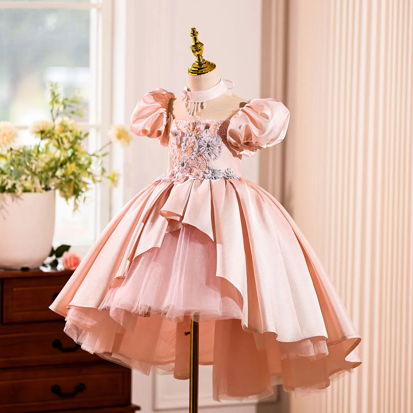Dreamy Vow J825 Chic Embroidered Tulle Pink Dubai Girl Dress With Scarf Satin Arabic Princess Wedding Birthday Party Prom 2025