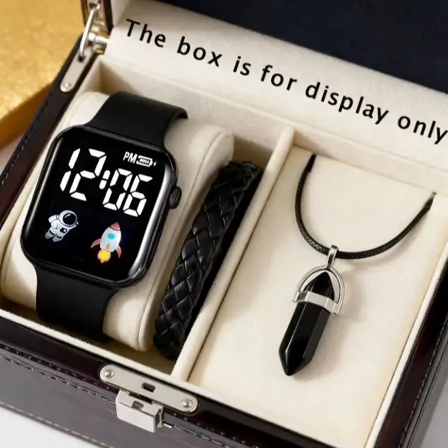 3-Piece Set of Black Silicone Digital Watches with Casual Accessory Set, Suitable for Daily Wear and Holiday Parties The Right Gift for Children
