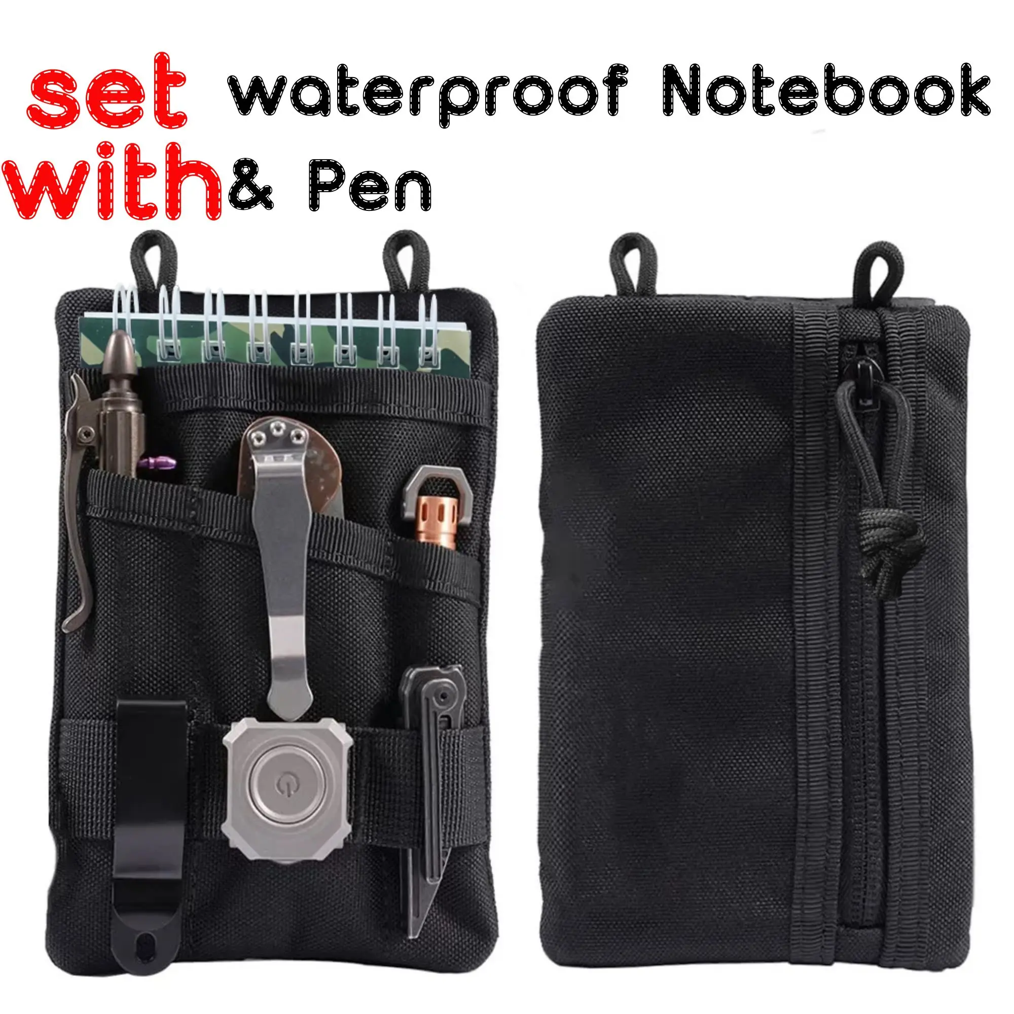 Oxford Cloth Mini Pouch Set with Waterproof Notebook and Pen Zipper Bag Organizer for Key Card Coin Wallet Black Gray Camouflage