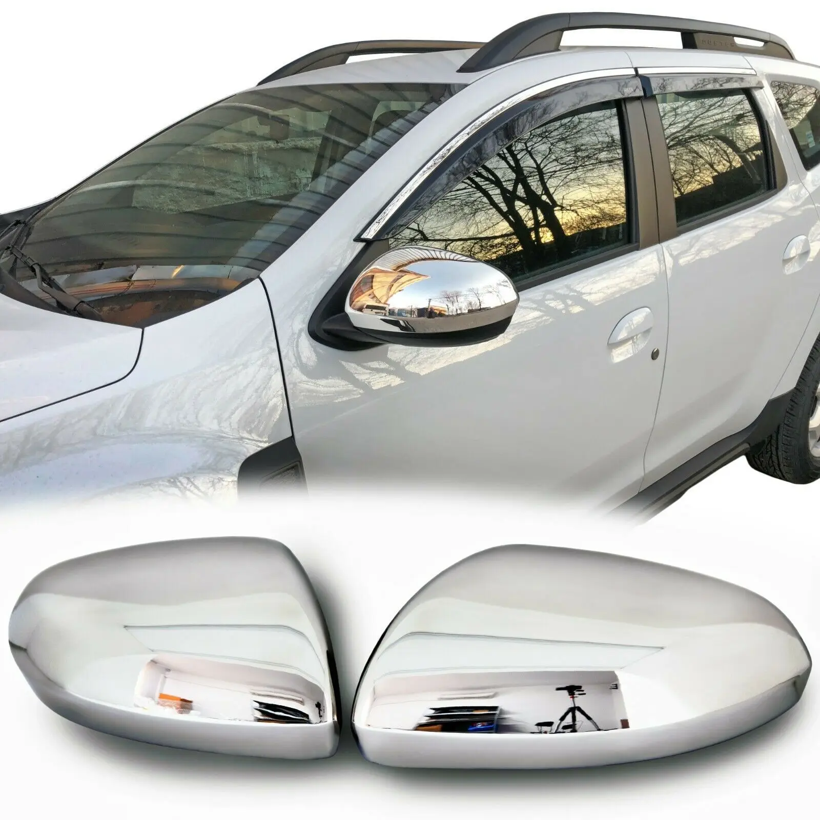 Mirror covers for DACIA DUSTER II | From 2018 +, stainless steel, exterior mirror caps, chrome mirror covers, side trims, left and right, 2 pieces, easy installation