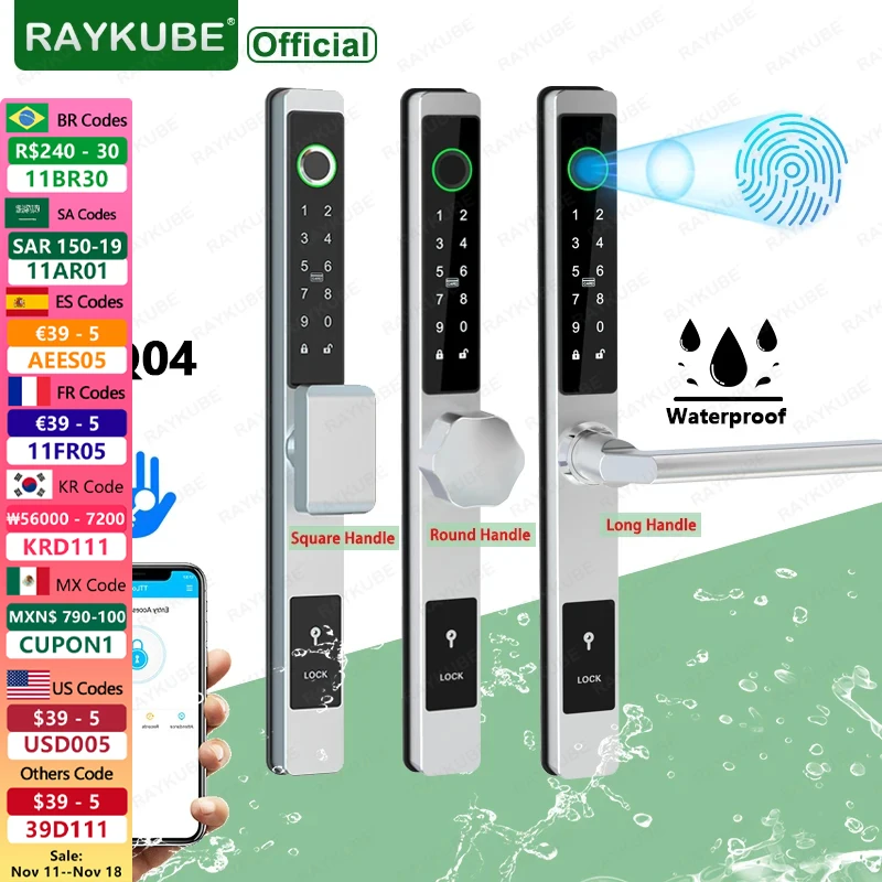 RAYKUBE-Fingerprint Smart Door Lock, DQ04, avançado impermeável, Bluetooth, TT Lock, desbloqueio remoto, apto para porta deslizante ao ar livre,