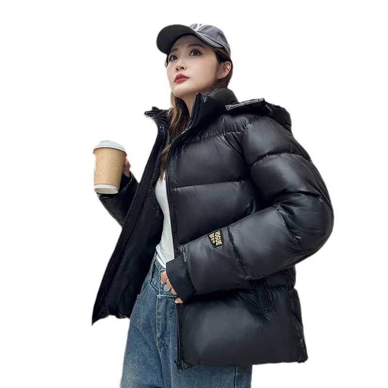 2023 Women's Winter Black Gold Hooded Thickened Loose Warm Short Down Cotton Coat Female Bright Face Parkas