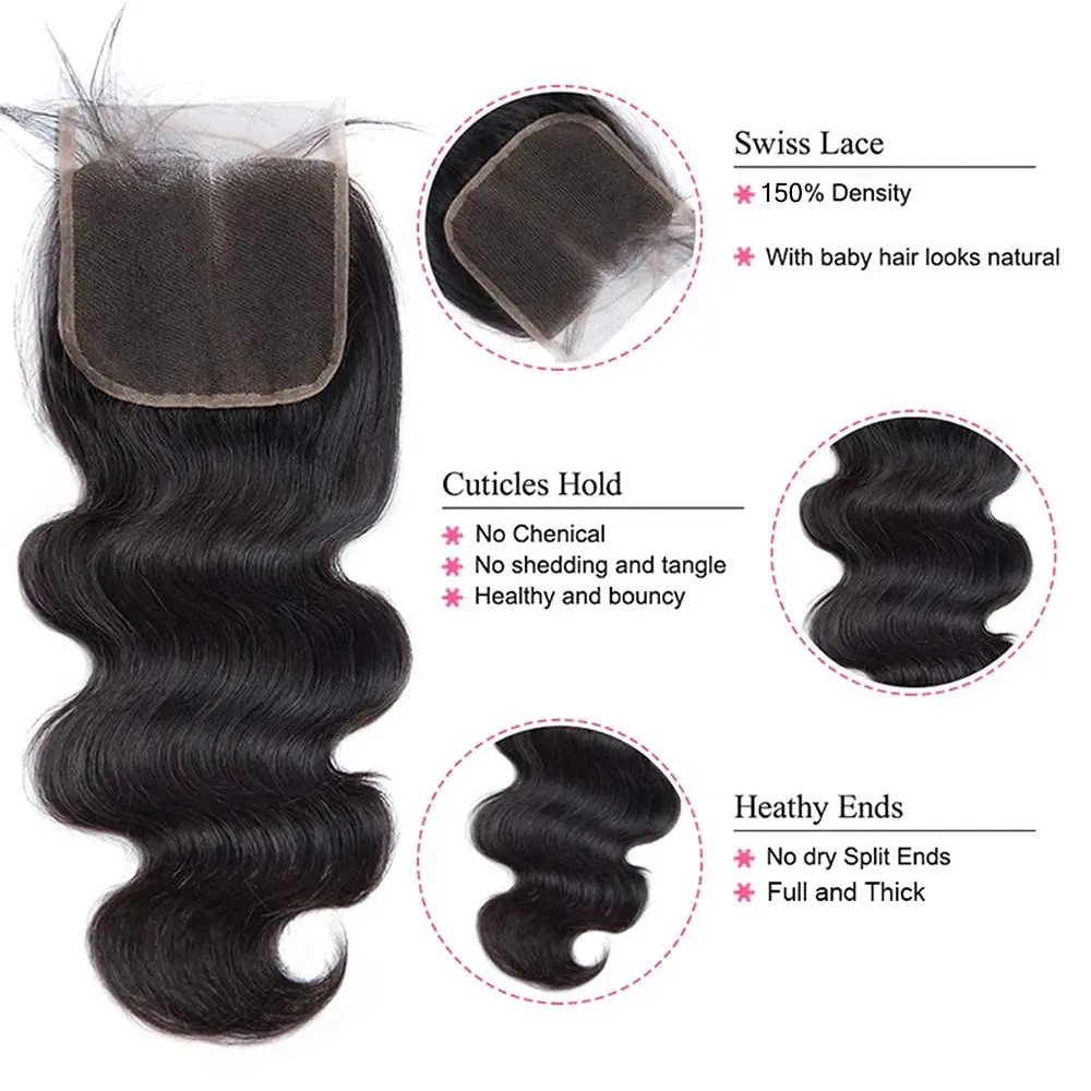 Brazilian Raw Hair Bundles With Closure 100% Human Hair Bundles With Frontal HD Transparent Lace Closure With Hair Weave Bundles