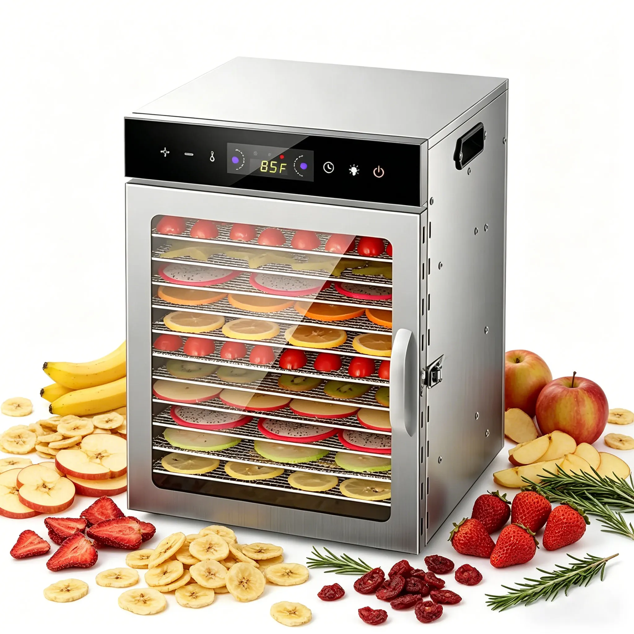30~90 ℃   Deshidratador de alimentos y carne seca con temporizador de 24 horas y rejilla de secado ligera con control de temperatura para frutas, verduras y carne, enchufe europeo.