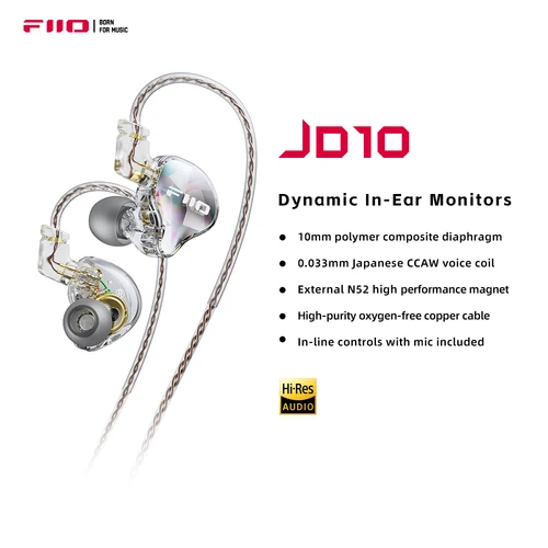 FiiO 유선 이어폰 HIFI 스테레오 베이스 음악 이어버드, 인이어 스포츠 헤드폰, 게임용 헤드셋, JD10 