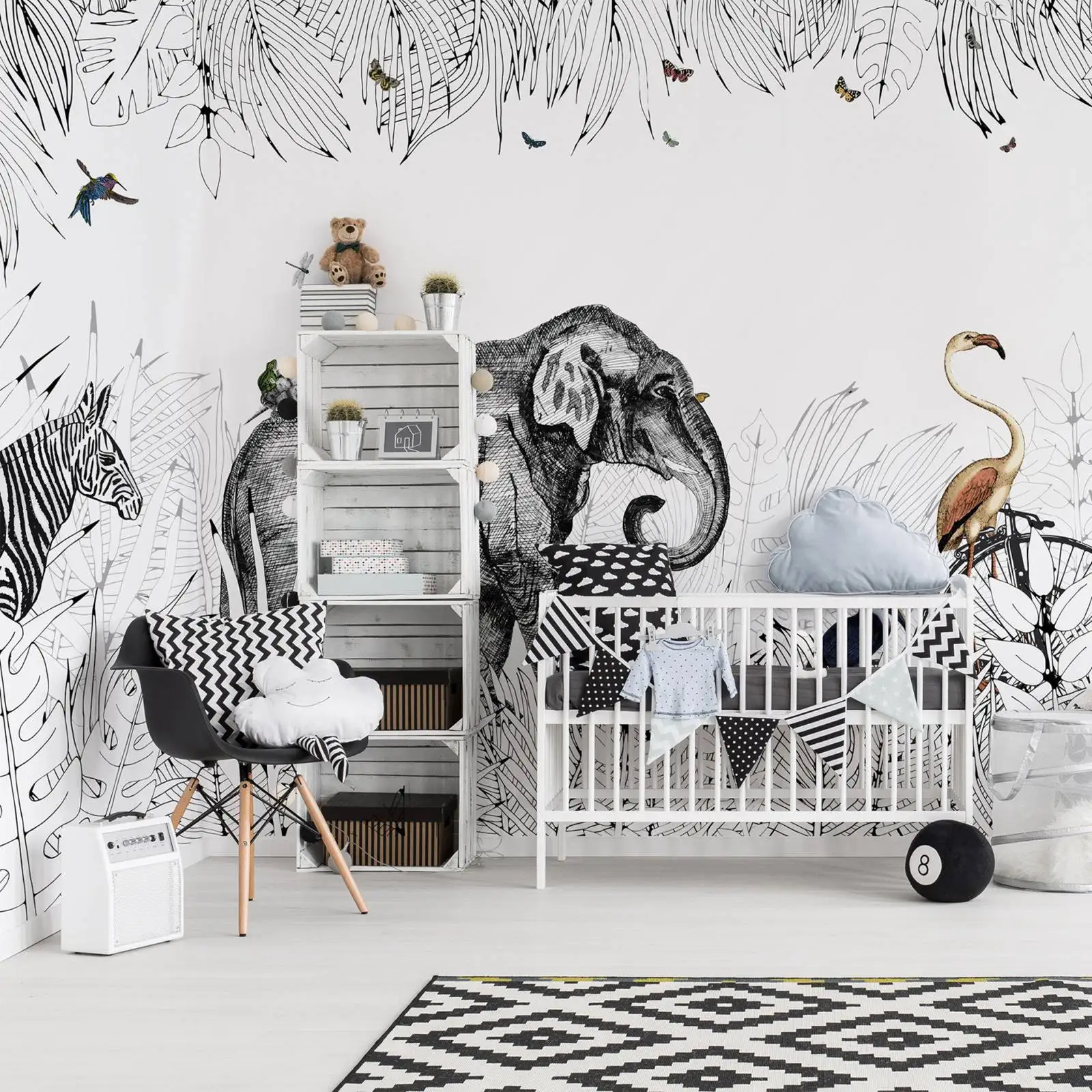 Panoramic animal wallpaper with Elephant, Giraffe, Zebra, Famingo and toucan, Hand drawn Metrozoo Wallpaper for Kids