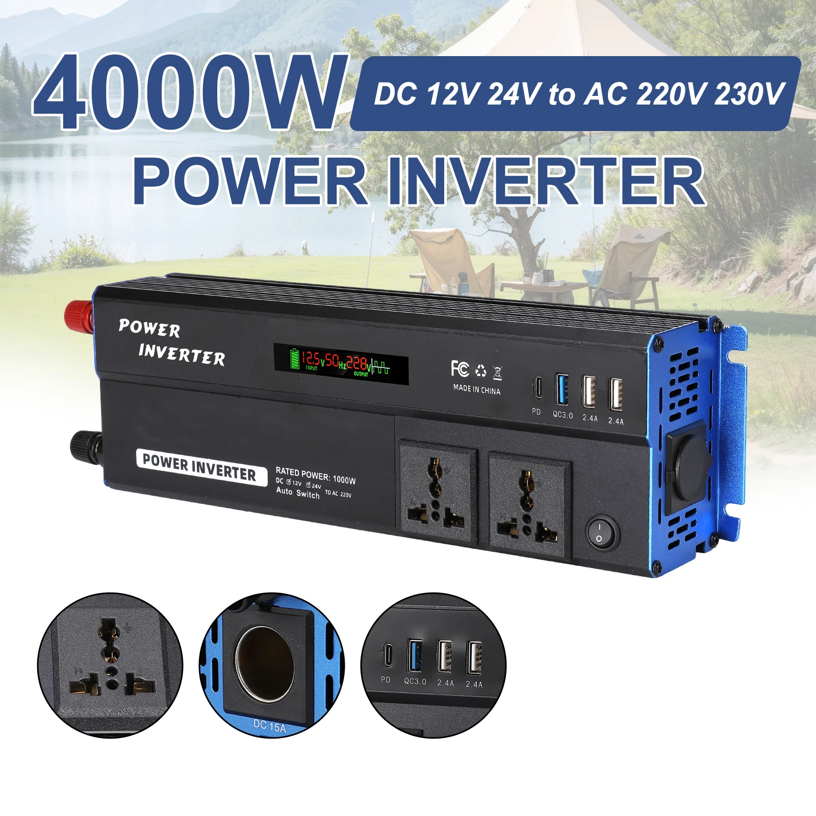 4000W Power Inverter DC 12V/24V To AC 220V/230V Transformer with 3 USB 1 PD Socket Charge with LED Display