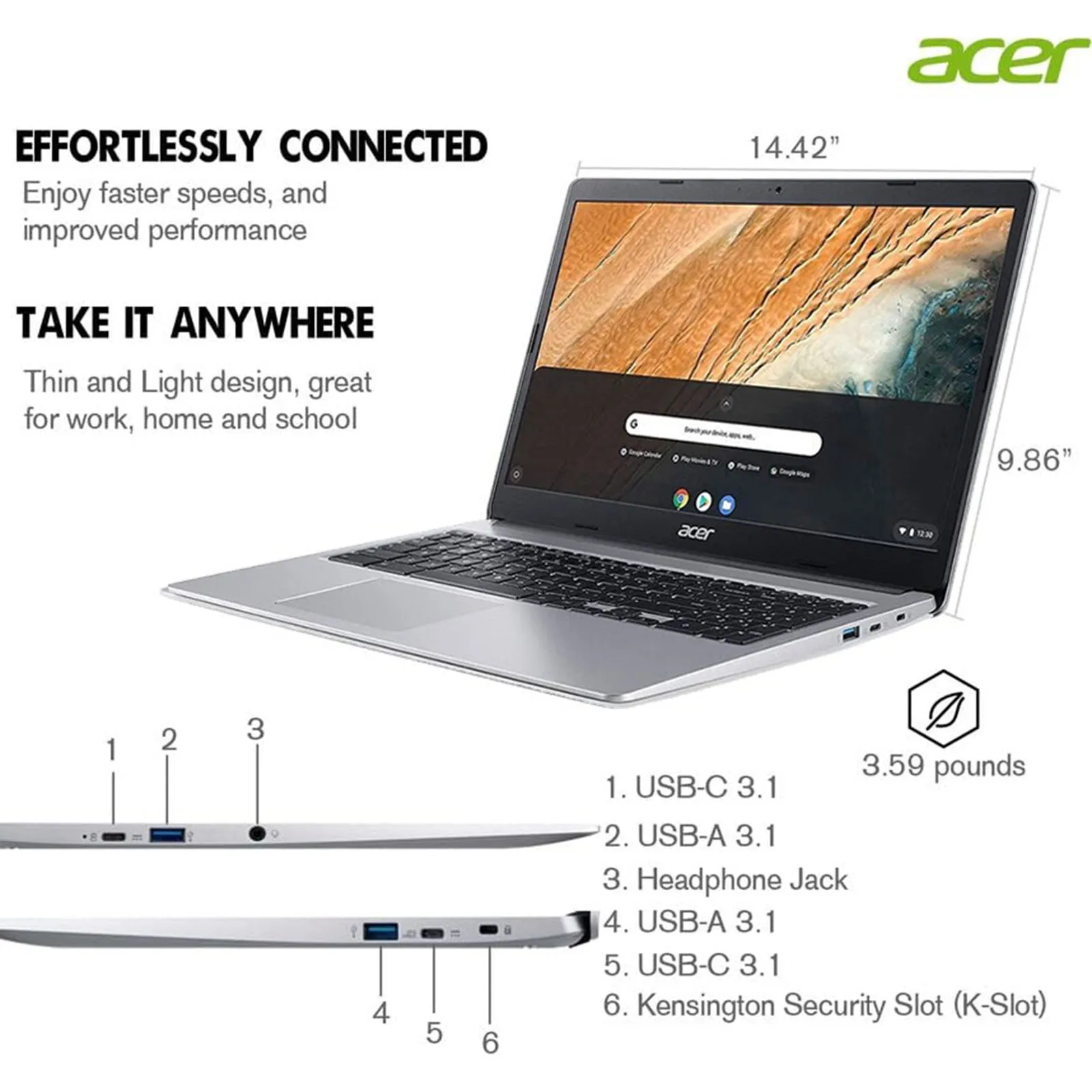 Acer-ordenador portátil Chromebook 315 para negocios, pantalla HD de 15,6 pulgadas, N4020 Intel Celeron, 4GB de RAM, 64GB eMMC, gráficos Intel UHD, sistema operativo Chrom